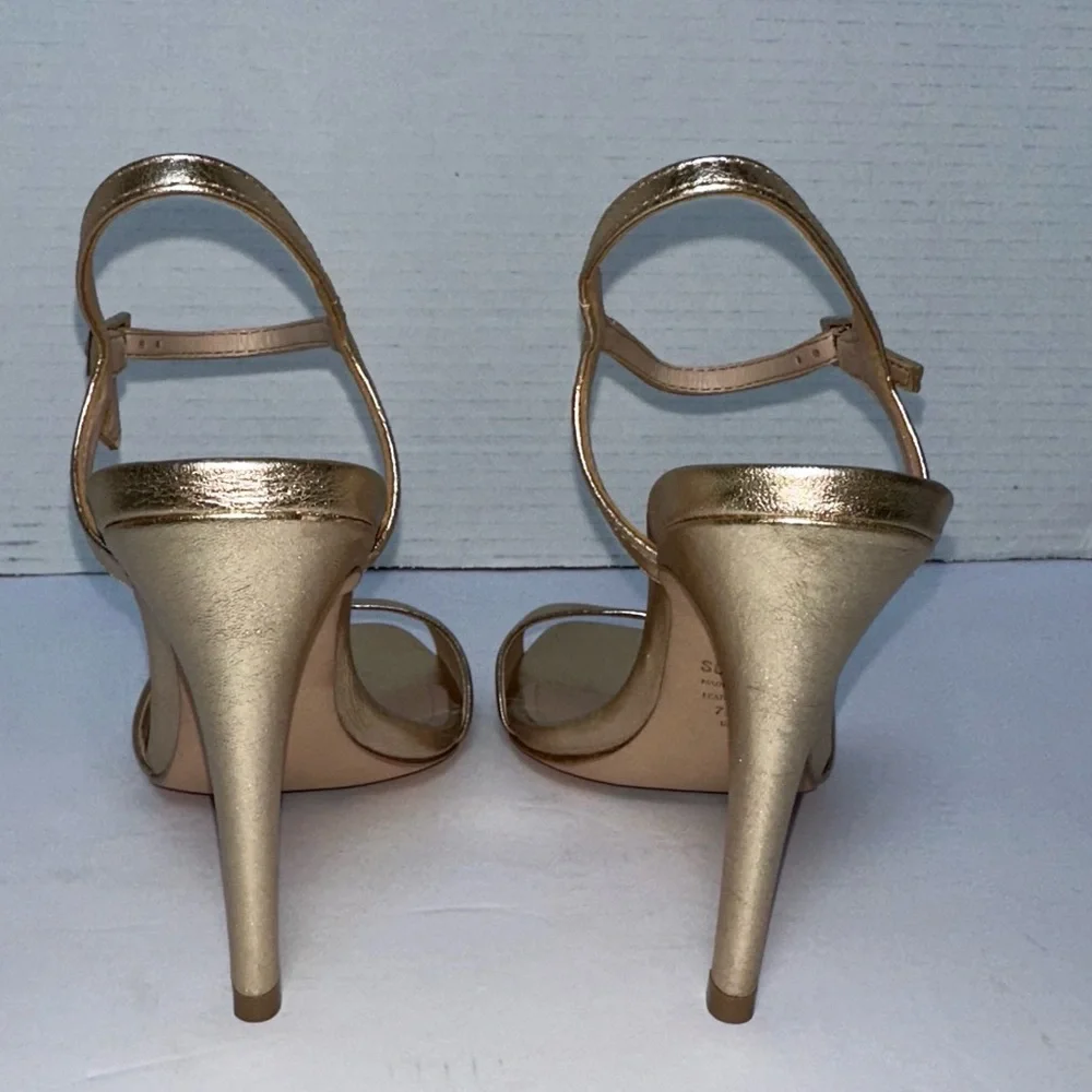 SCHUTZ Women’s Metallic Gold Jade Leather Strappy Stiletto Sandals- Size 7.5